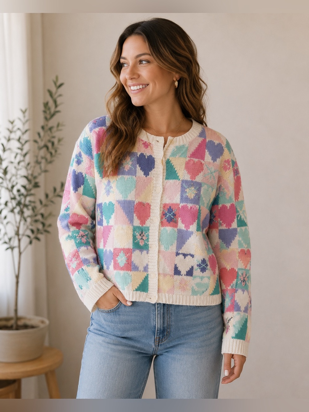 Robert Scott Ltd Pastel Heart Patchwork Knit Cardigan Women’s Small Sweater